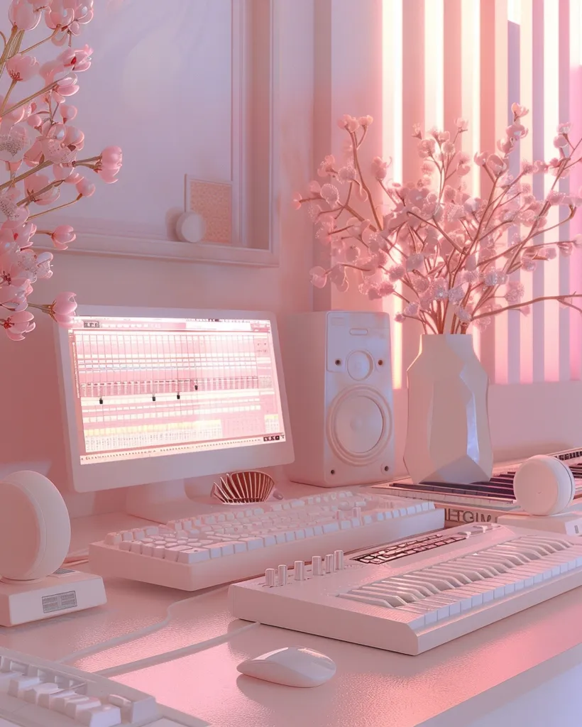 A pink and white computer desk with a computer, keyboard, and a music keyboard. There are pink flowers in a white vase, and a speaker next to the computer. Everything is in a soft, pastel pink color.