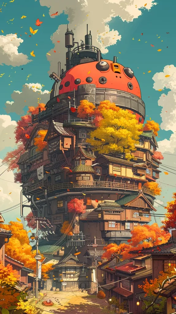 A whimsical, steampunk-inspired cityscape nestled amongst vibrant autumn foliage. A towering, red-and-black, spherical structure resembling a giant ladybug, sits at the center. The structure is adorned with intricate details, windows, and platforms, showcasing an eclectic mix of futuristic and traditional Japanese architecture. The scene is filled with warmth and charm, inviting viewers to explore its secrets.