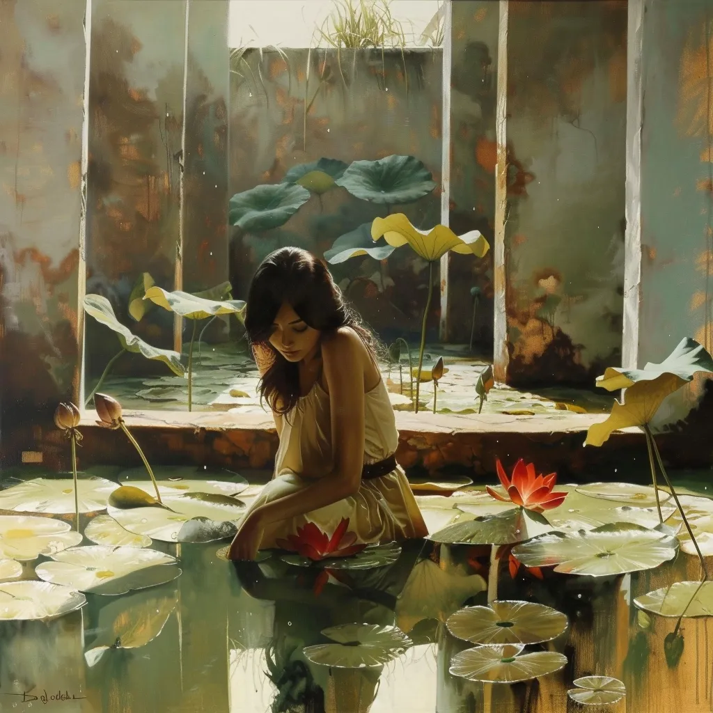 A woman in a white dress sits by a pond, surrounded by lush green lily pads and flowers. The water reflects the light and the woman's form.  She is gazing down at the water, her long brown hair cascading down her back. The scene is serene and tranquil, bathed in soft, golden light. The crumbling walls behind the pond add a sense of age and mystery.
