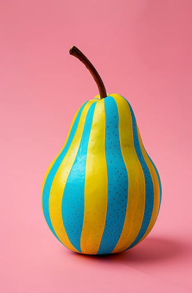 A pear painted with yellow and blue stripes sits on a pink background. The pear has a brown stem and is slightly speckled. The pear is the focus of the image and is centered. The background is a soft pink. The image is simple and visually appealing.  The colors are bright and vibrant.