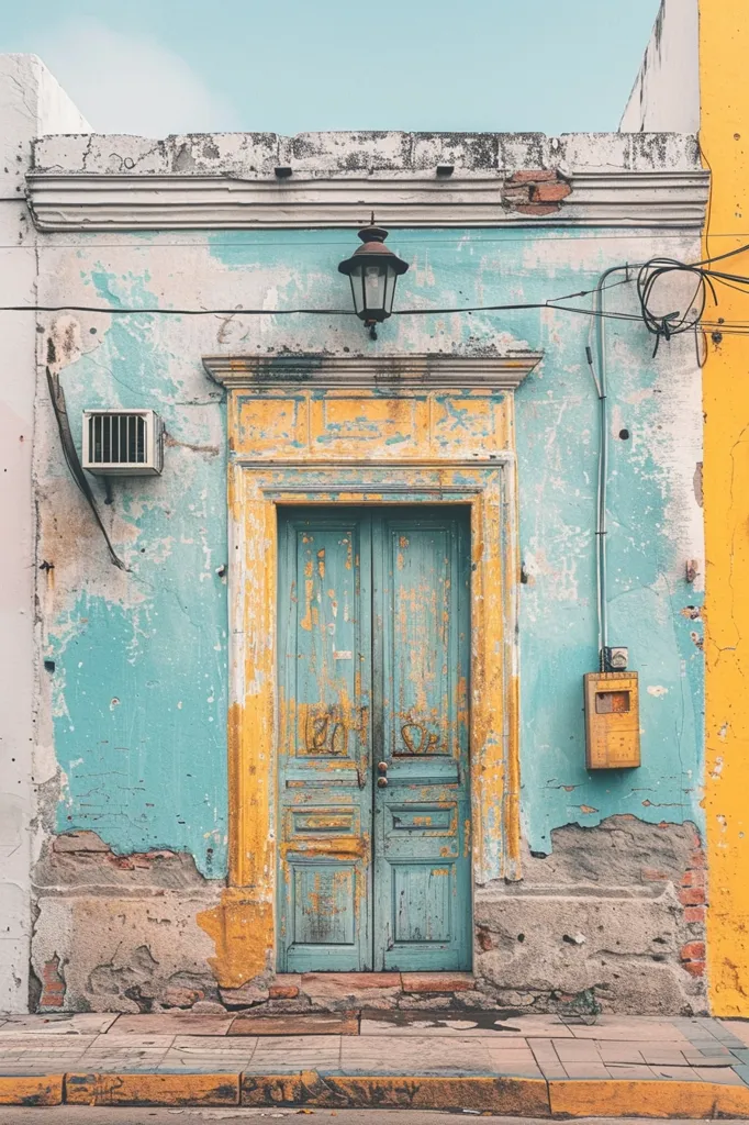 The image shows a weathered building with a peeling blue and yellow paint scheme. A large, double-doorway is framed in yellow, with a chipped blue door set within. The doorway is slightly recessed and has a worn metal light fixture hanging above it. There are electrical wires running along the wall and a small electrical box in the lower right corner. The sidewalk in front of the building is made of weathered concrete.