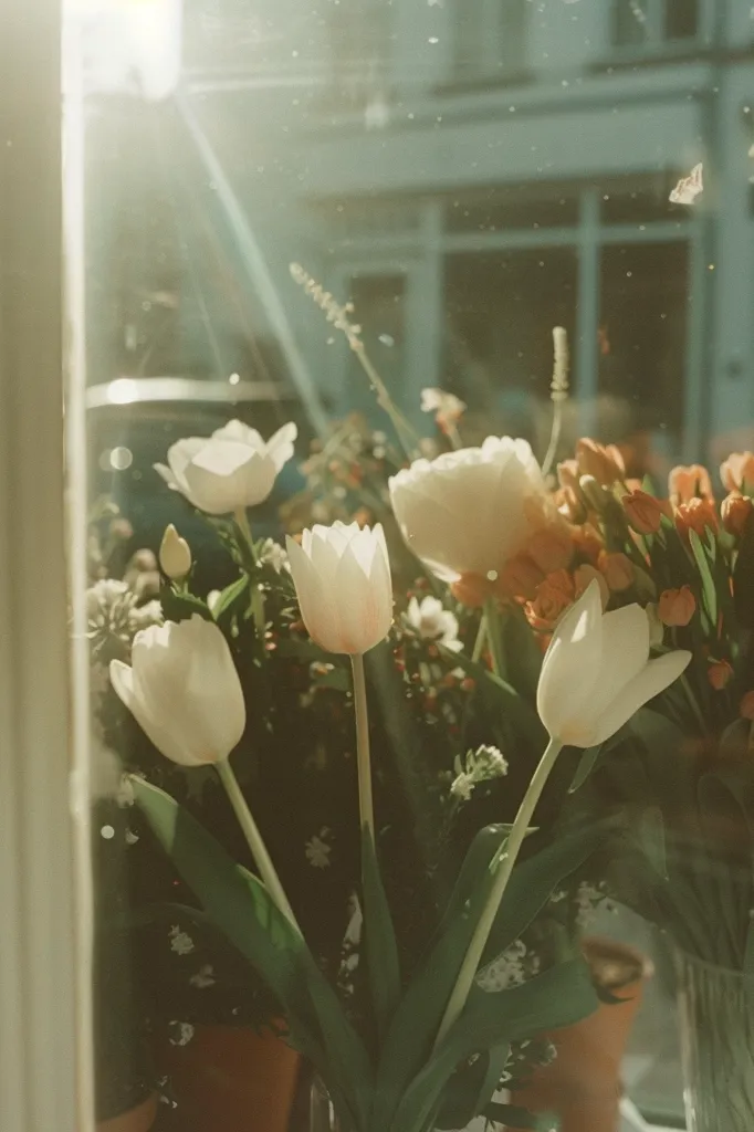 A bouquet of white tulips, with hints of pink, are seen through a window pane. Sunlight streams through the glass, casting a warm glow on the flowers and surrounding greenery. The scene evokes a sense of tranquility and natural beauty.  The background is blurred, creating a dreamy effect.  There are other orange flowers peeking out in the background.
