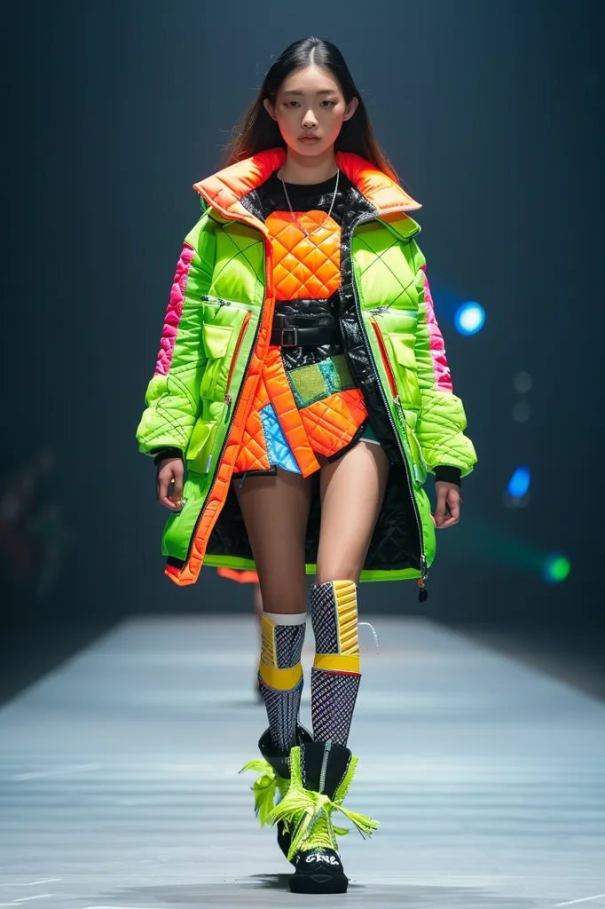 A female model walks the runway wearing a bright green, pink, and orange puffer jacket with a black belt. She wears black shorts, colorful socks, and black boots with bright green tassels. The background is a blurred dark blue with white lights.  The model has long dark hair and is looking straight ahead with a serious expression.
