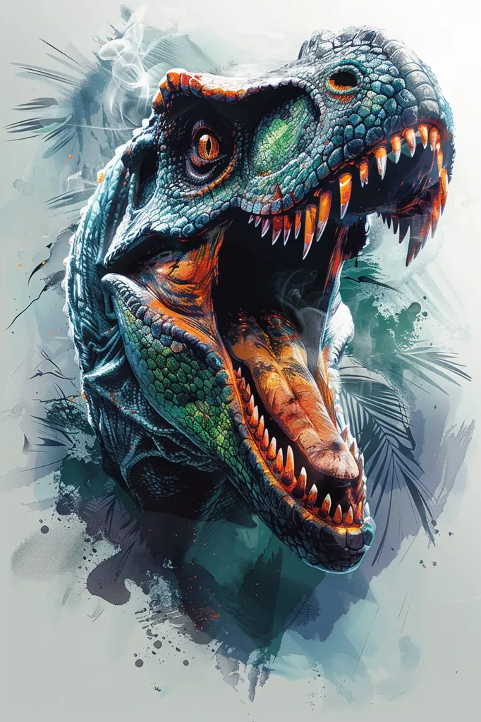 A close-up of a dinosaur's head, painted in a watercolor style, with its mouth open in a roar. The dinosaur has a dark green and blue textured skin, with orange and red details on its teeth and throat. The background is a blurry, watercolor-like representation of a jungle scene. The image evokes a sense of both power and danger.