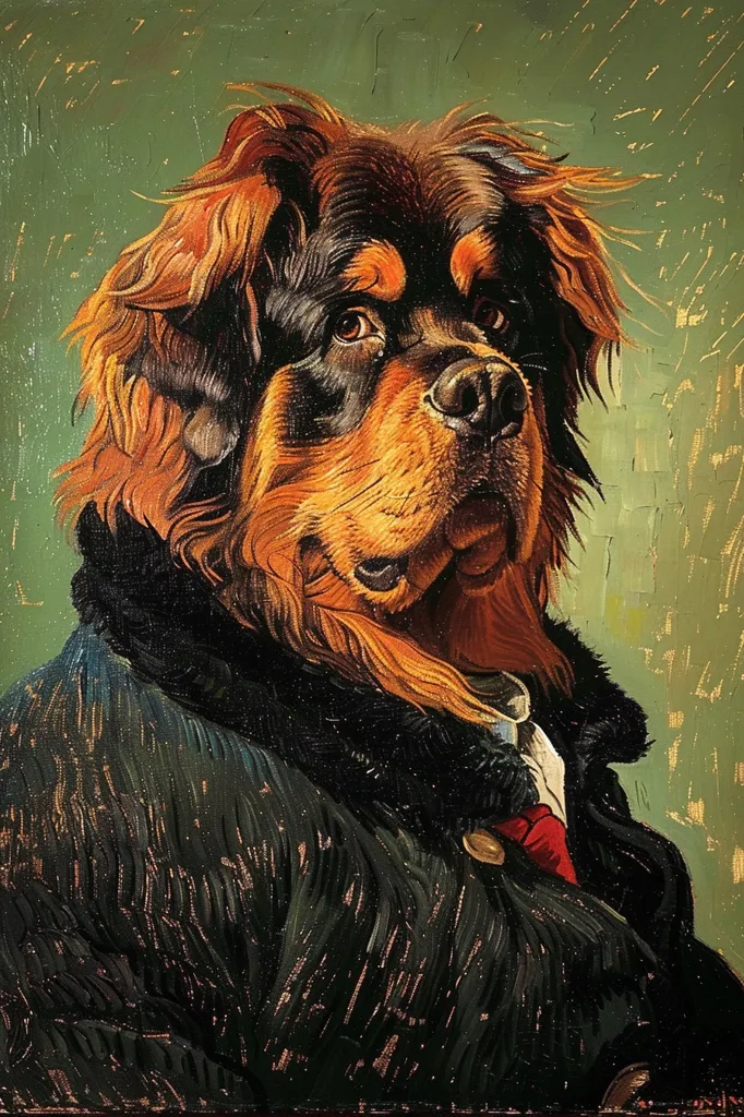 A close-up portrait of a dog, painted in a style reminiscent of Van Gogh. The dog has a dark, shaggy coat, and its head is tilted slightly to the side. It is wearing a dark jacket with a fur collar and a red tie. The background is a simple, green color, and the brushstrokes are thick and visible. The dog's eyes are large and dark, and its expression is one of quiet contemplation. The image is striking for its use of color and texture.