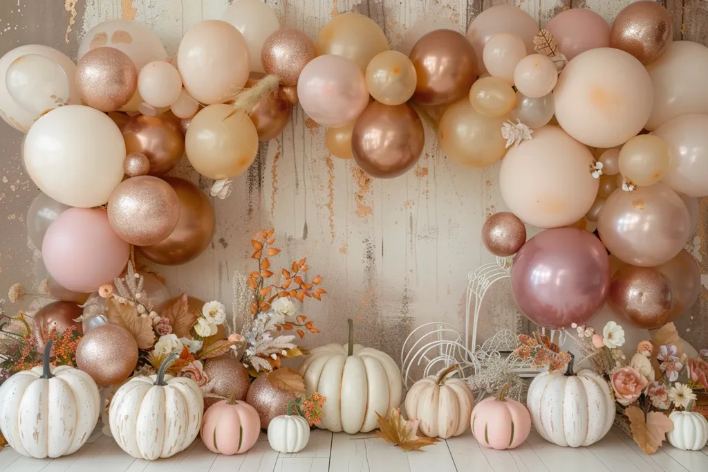 A backdrop of peach, pink and gold balloons decorated with fall flowers and greenery creates a romantic backdrop for an autumn photoshoot.  Five white pumpkins with one pink and one peach pumpkin, accented with sprigs of greenery and fall leaves complete the decor.