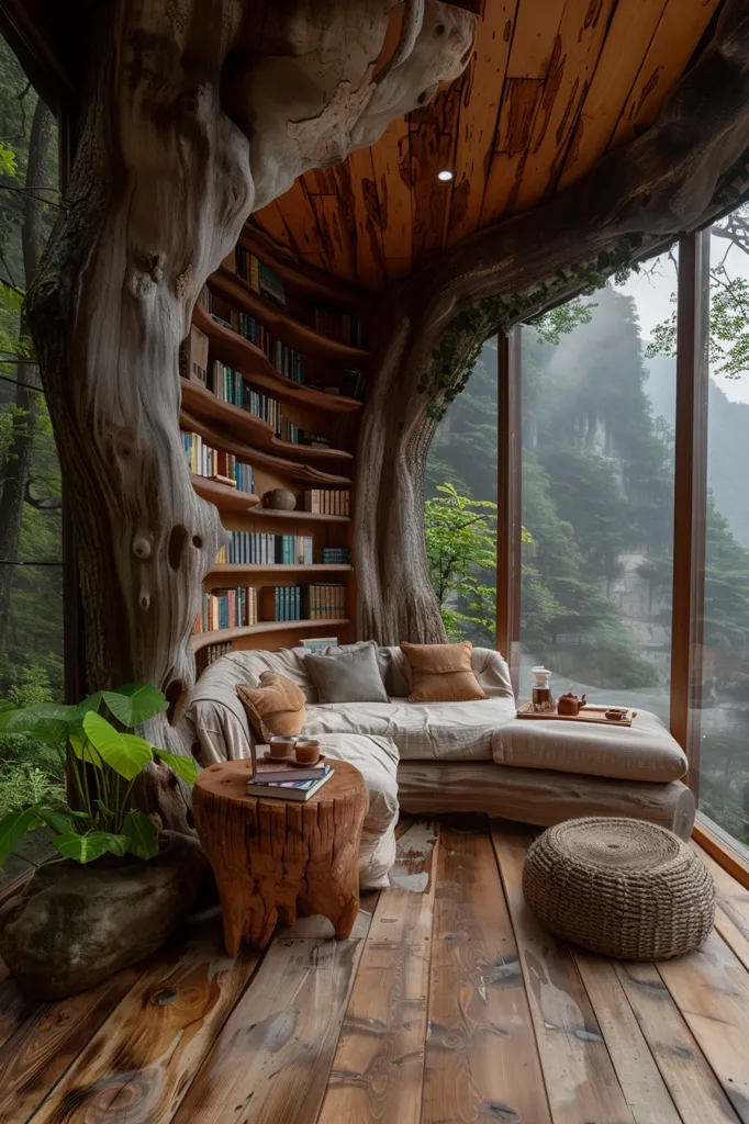 A cozy nook built into the trunk of a tree, with a curved bookshelf filled with books. A plush sofa sits in the space with a large window showcasing a misty forest view. A rustic wooden coffee table sits beside the sofa, with a round ottoman made of woven material near it. The floor is made of wood planks. The space is lit by natural light filtering through the window and a small light fixture in the ceiling. It creates a tranquil and inviting atmosphere.