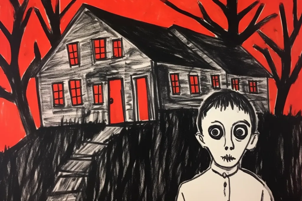 A black and white drawing of a house with red doors and windows stands against a red background with dark trees.  In the foreground, a child with large, wide eyes and a serious expression looks directly at the viewer.  The drawing uses thick lines and dark shading to create an unsettling, almost menacing tone.  The image suggests a spooky or eerie atmosphere.
