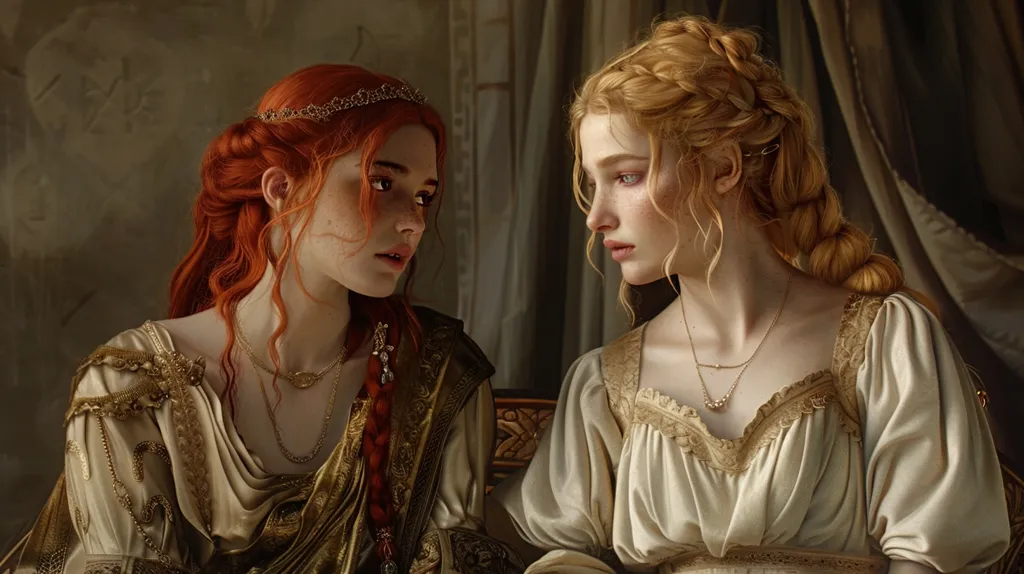 Two young women, one with fiery red hair and a golden crown, the other with long blonde braids, gaze intensely at each other. They are dressed in luxurious, intricately embroidered gowns with golden accents, their attire suggesting a regal or historical setting. The warm lighting and soft focus create an intimate and mysterious atmosphere.