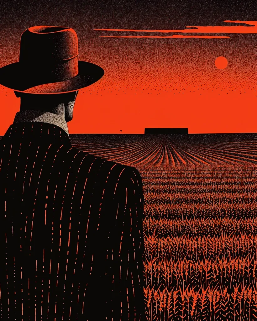 A man in a black suit and a fedora stands facing away from the viewer, looking out over a vast field of wheat under a blazing red sky. The field extends to the horizon, where a distant building and a small tree are visible. The sun is setting, casting long shadows across the field. The image is rendered in a stippled style, giving it a grainy texture.  The man's silhouette is prominent against the orange sky. The image evokes a sense of solitude and contemplation, as the man gazes out at the expansive landscape.
