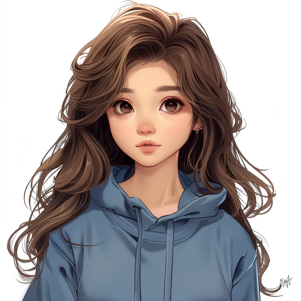 The image depicts a young woman with long, brown hair styled in loose waves, cascading down her shoulders. Her large, expressive eyes are a warm brown, and her lips are slightly parted in a gentle smile. She is wearing a light blue hoodie with the hood pulled up, giving a casual and relaxed vibe. The soft lighting creates a delicate and ethereal atmosphere. The artwork is beautifully rendered, with attention to detail in the hair, eyes, and skin.