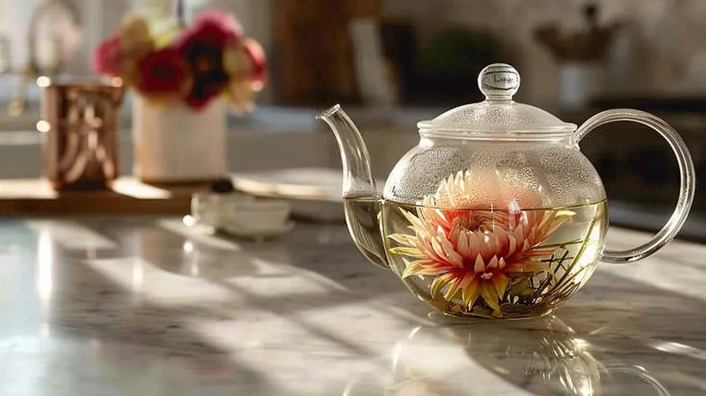 A glass teapot sits on a white marble countertop, filled with hot water and a blooming flower tea. The flower, with delicate pink petals and yellow accents, floats beautifully in the clear liquid. Sunlight streams in from a nearby window, casting soft shadows on the surface.  A blurry bouquet of red and pink flowers sits in the background, adding a touch of color and warmth to the scene.