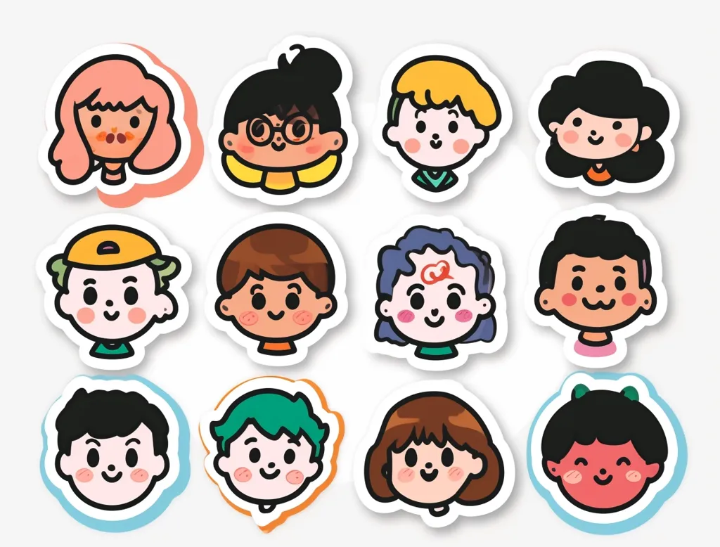 The image shows 12 cartoon characters, each with a unique hairstyle, eye shape, and expression. They are all smiling and have rosy cheeks. They are arranged in a grid pattern on a white background. The characters are depicted as stickers with a white border. They appear to be friendly and approachable.  The image is simple, playful and engaging.