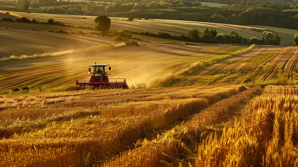 A red tractor is driving across a vast golden field of wheat. The sun is shining brightly, casting long shadows across the landscape. The tractor is creating a trail of dust as it moves, and the air is filled with the scent of freshly cut wheat. The field is surrounded by rolling hills, and in the distance, there are trees and a small village.  The image captures the beauty of the countryside and the hard work that goes into farming.