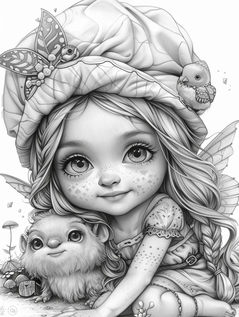 A young girl with large eyes and a sweet smile sits with a fluffy creature. She wears a headband and a dress with delicate details. A small bird perched on her head and a butterfly with intricate patterns are also depicted. The image is drawn in pencil with a delicate, whimsical style.  The girl has a fairy-like quality with a hint of magic in her surroundings.
