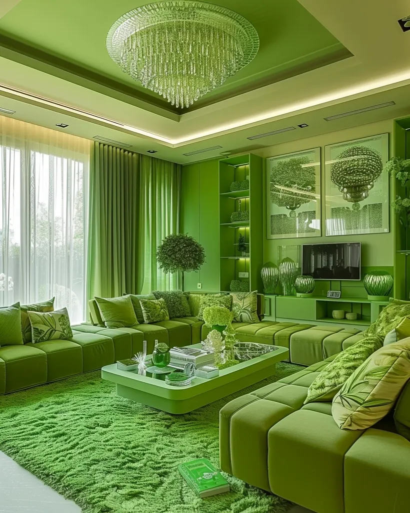 A modern living room with a large green sectional sofa, a coffee table, and a plush green rug. The walls are painted a vibrant green, and the room is accented with green plants and a crystal chandelier. The windows feature sheer white curtains and there are two framed pieces of art on the wall. The overall design creates a serene and luxurious atmosphere.