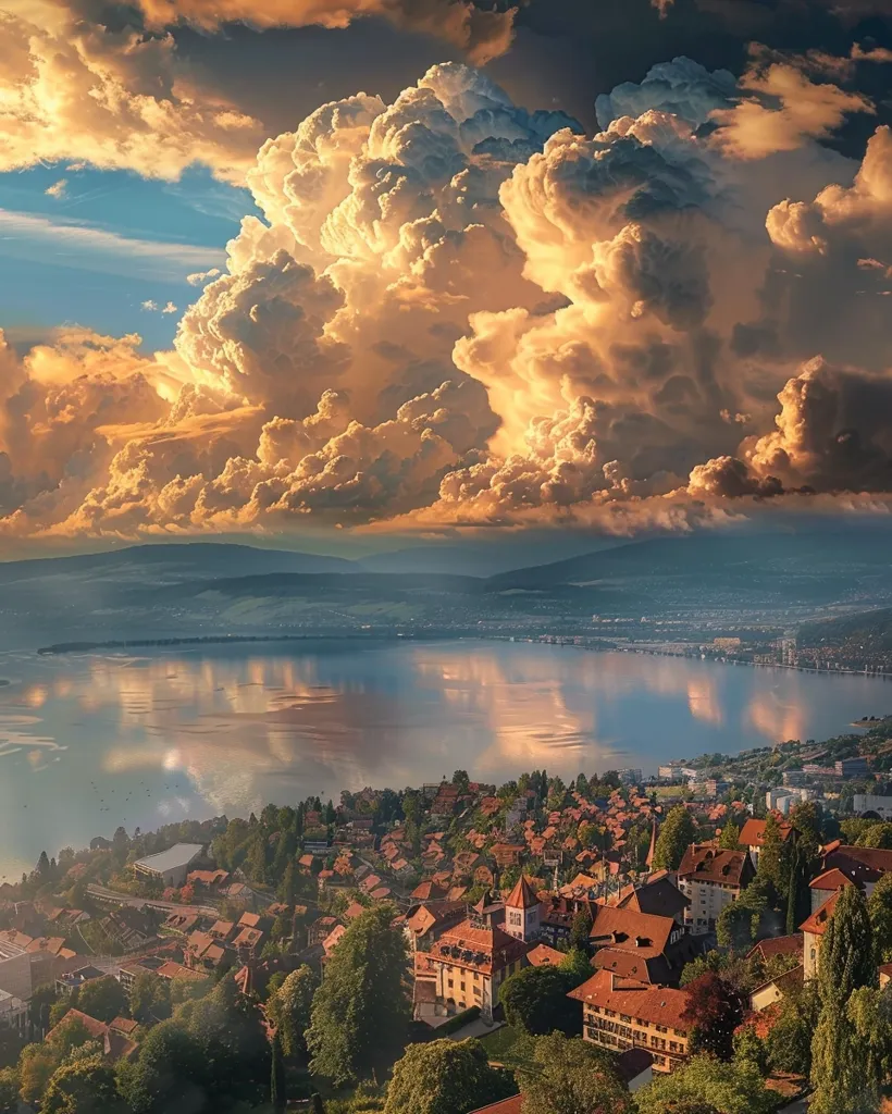 The image depicts a picturesque town nestled along a tranquil lake, with a breathtaking view of fluffy clouds reflecting on the water's surface. The sky is awash in vibrant hues of orange and gold, creating a dramatic yet serene atmosphere. The town itself is a charming cluster of houses and buildings, surrounded by lush greenery and a mountain backdrop, suggesting a peaceful and idyllic setting.