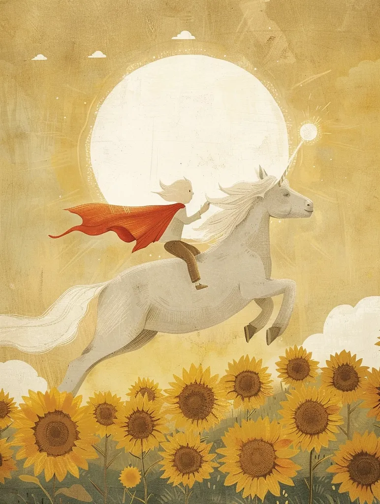 A young girl in a red cape rides a white unicorn with a glowing horn, soaring through a field of sunflowers under a bright, glowing sun. The scene is painted in a whimsical, illustrated style with soft, pastel colors. The image evokes a sense of magic and wonder, capturing a child's imagination.