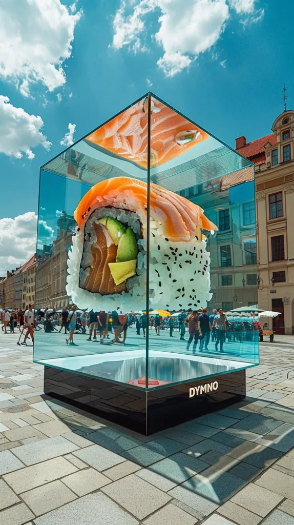 A giant sushi roll is displayed in a glass cube on a cobblestone street. The roll is made of salmon, avocado, and rice, and it is topped with sesame seeds. People walk past the installation, which is situated in front of a historic building. The sky is blue with white clouds. The cube is labelled "DYMNO", a brand of sushi restaurants.