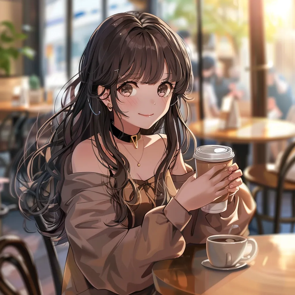 The image depicts a young woman with long dark hair, wearing a brown jacket and a low-cut top, sitting in a cafe. She is holding a cup of coffee in one hand and a small cup of tea in the other.  She has a warm and friendly expression on her face. The cafe is bright and sunny, and there are other people in the background. The overall atmosphere of the image is one of relaxation and enjoyment.