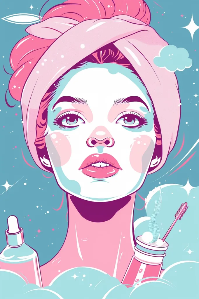 A woman with pink hair and a pink turban is depicted with a dreamy, ethereal expression. Her eyes are closed, and she has a soft, pink lip.  The background is a soft blue with white stars and clouds. She is surrounded by pink and blue skincare products.