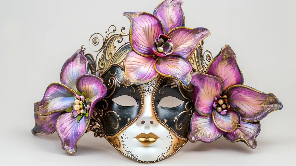 The image shows a Venetian masquerade mask. It is black with gold detailing and adorned with three pink and purple flowers. The flowers have intricate details and are embellished with gold glitter and small pearls. The mask has a female face with a golden lip. The mask appears to be made of papier-mâché. The background is a plain white.