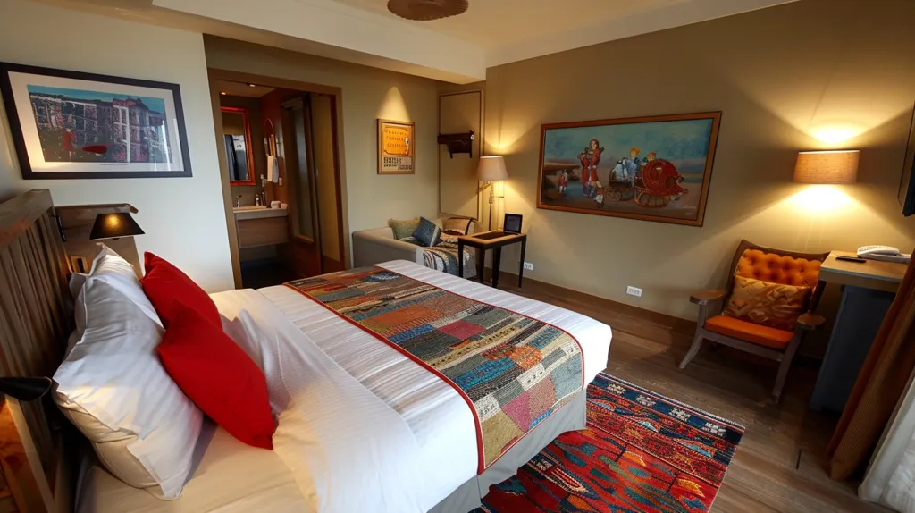 A spacious hotel room with a large bed with white linens and red pillows, a colorful patterned runner, and a red and blue rug on the floor. There is a wooden chair with orange cushions in the corner, and a framed painting on the wall. The room has a warm and inviting atmosphere.  A side table with a lamp sits next to the chair, and a small, open doorway in the background provides a glimpse of a bathroom with a sink and mirror.