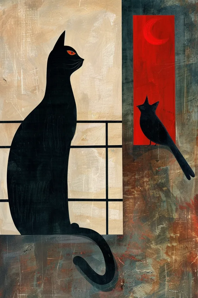 The painting depicts a black cat sitting on a ledge, looking towards a red-hued window. The window is partly obscured by a black grid. Inside the window, another black animal, possibly a bird, is perched on a ledge. A crescent moon is visible in the red window. The background is a textured, earthy tone. The composition is simple and minimalist, with a strong contrast between the black figures and the red and brown background. The image evokes a sense of isolation and contemplation.
