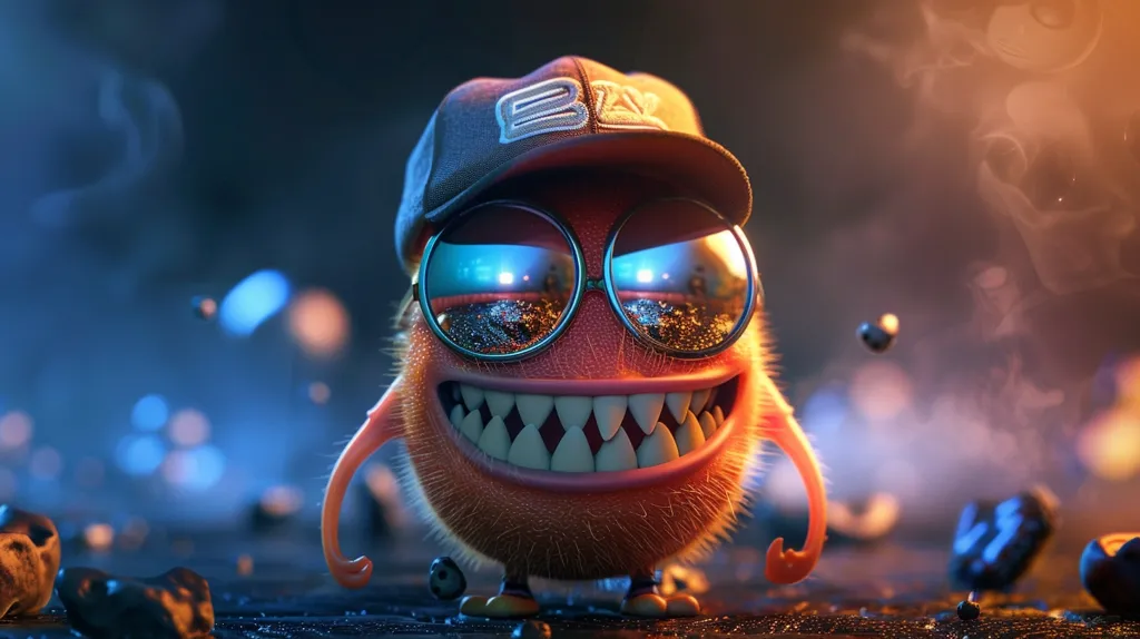 A cartoon creature with a wide grin, wearing oversized sunglasses and a backwards baseball cap, stands against a blurred background of glowing orbs and hazy lights. The creature is fuzzy orange and has large, white teeth. The image has a playful and slightly menacing tone.