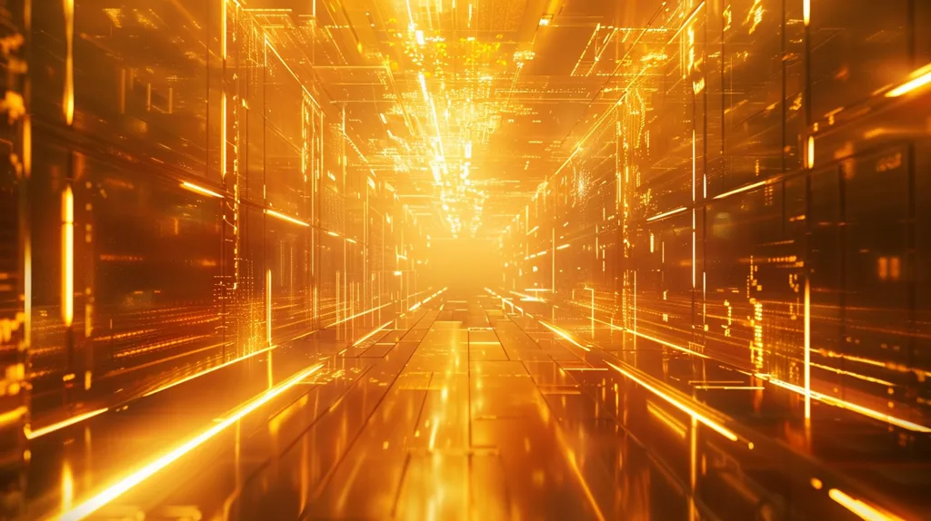 The image depicts a futuristic, glowing tunnel. The walls are composed of metallic panels with intricate patterns and bright yellow lines, creating a sense of depth and complexity. The light emanating from the walls illuminates the reflective floor, which stretches towards a distant, bright light source. The overall atmosphere is one of technology and innovation.