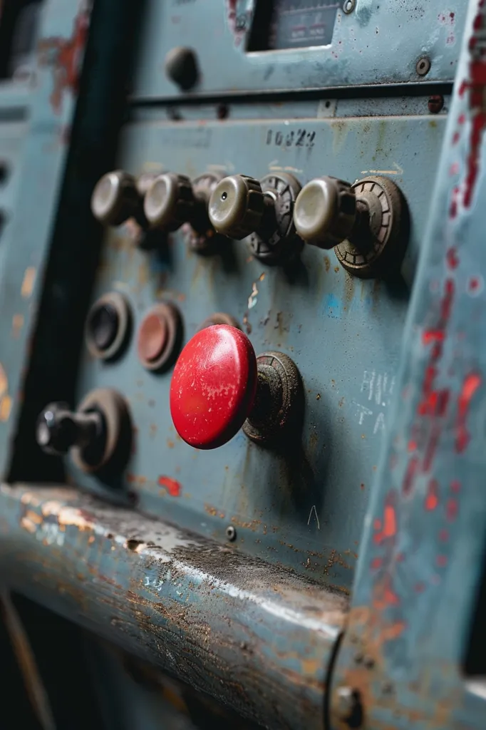 A close-up of a weathered control panel with a red button. The panel is blue and grey with signs of wear and tear, including rust and chipped paint. The button is prominent, surrounded by knobs and switches. The image evokes a sense of age and industrial use.