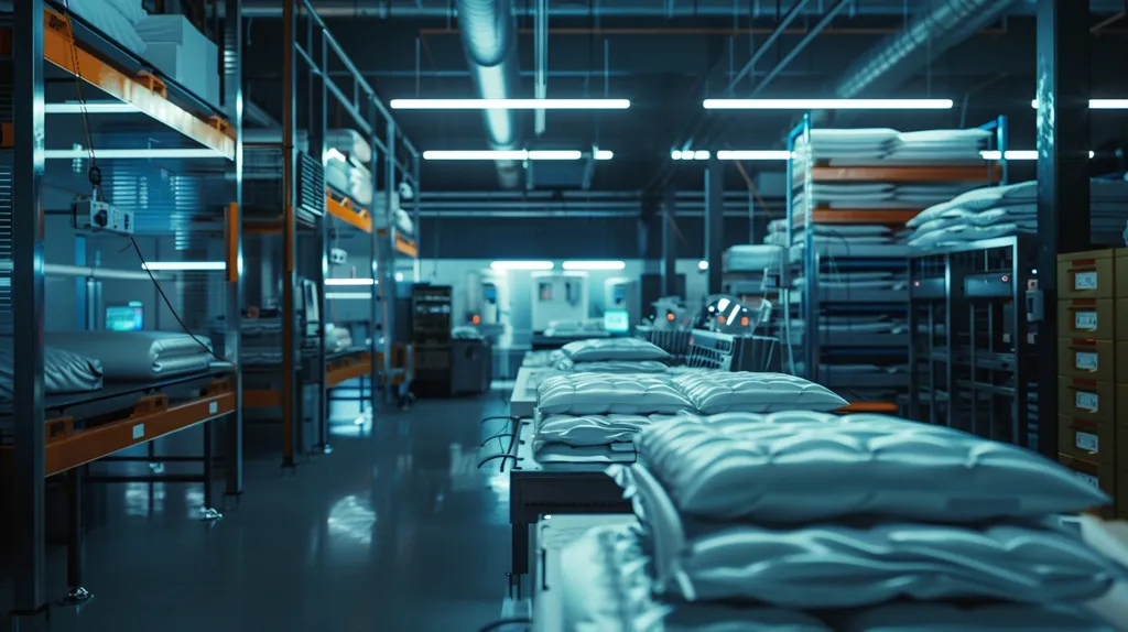 The image shows a large warehouse with rows of shelves filled with white pillows. The pillows are stacked in neat piles and are illuminated by bright lights. The warehouse is spacious and clean, with a smooth concrete floor. There is a sense of order and efficiency in the space. The image is taken from a low angle, giving the viewer a sense of being dwarfed by the scale of the warehouse. The image could be from a factory or distribution center.  The scene is cool and sterile, with a hint of mystery.