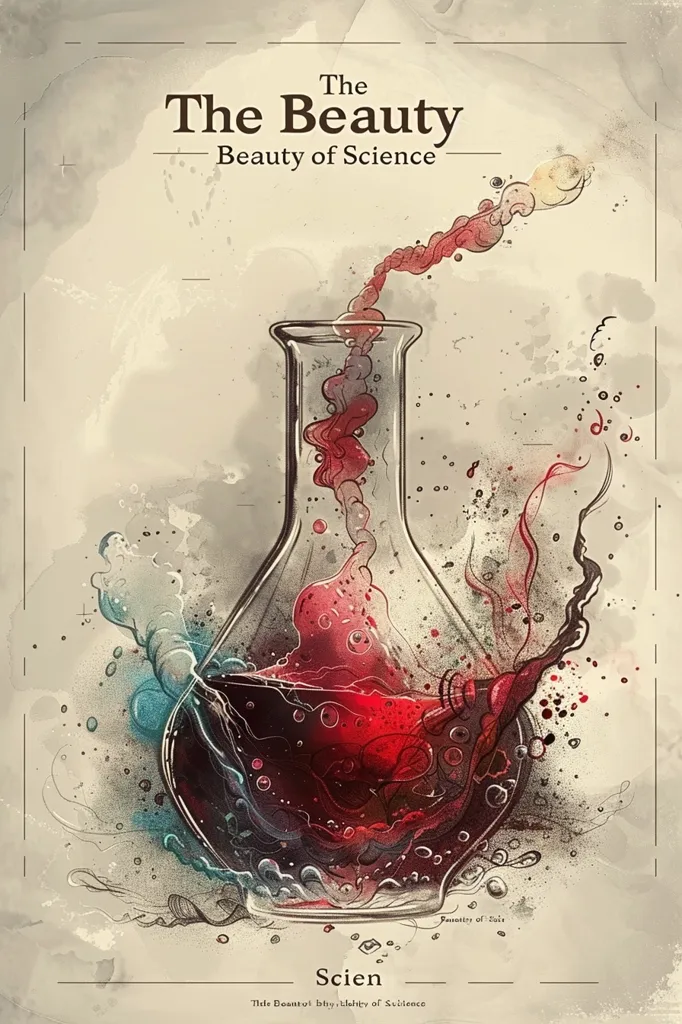 The image depicts a science beaker filled with a red liquid that is swirling and bubbling. The liquid is being poured from a small opening at the top of the beaker. The background is a light beige color with a sketched design. The text at the top reads "The Beauty, Beauty of Science". Below the beaker, the text reads "The Beauty of Science". The image is a visual representation of the beauty of science and experimentation.
