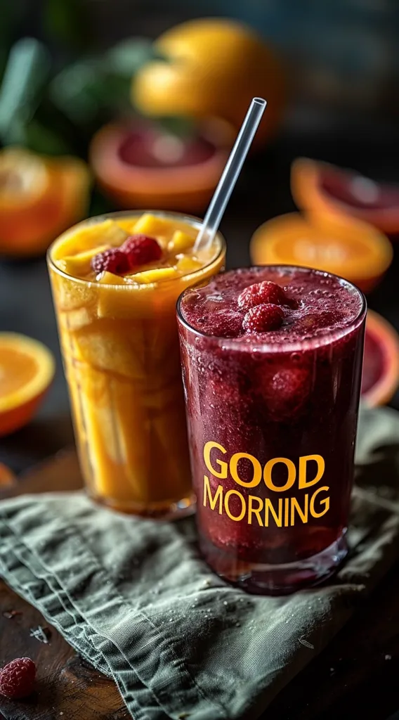 Two glasses of fruit juice, one orange and the other red, stand on a folded grey cloth napkin. The orange juice glass has a straw and says "Good Morning" in yellow letters. The glass is surrounded by various fruits like oranges and grapefruits. The image evokes a sense of a refreshing morning drink.