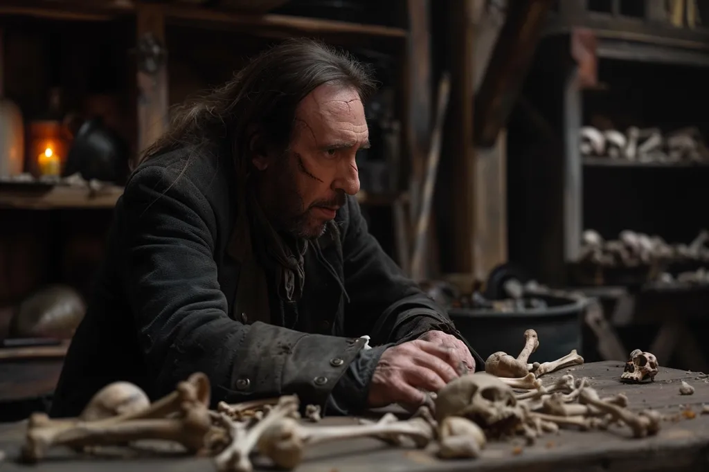 A man with long dark hair and a weathered face sits in a dimly lit room, his hands gently touching a collection of human bones scattered across a wooden table. A shelf in the background is filled with more bones, creating an eerie and macabre atmosphere. The man's expression is intense, suggesting a deep connection to the skeletal remains.