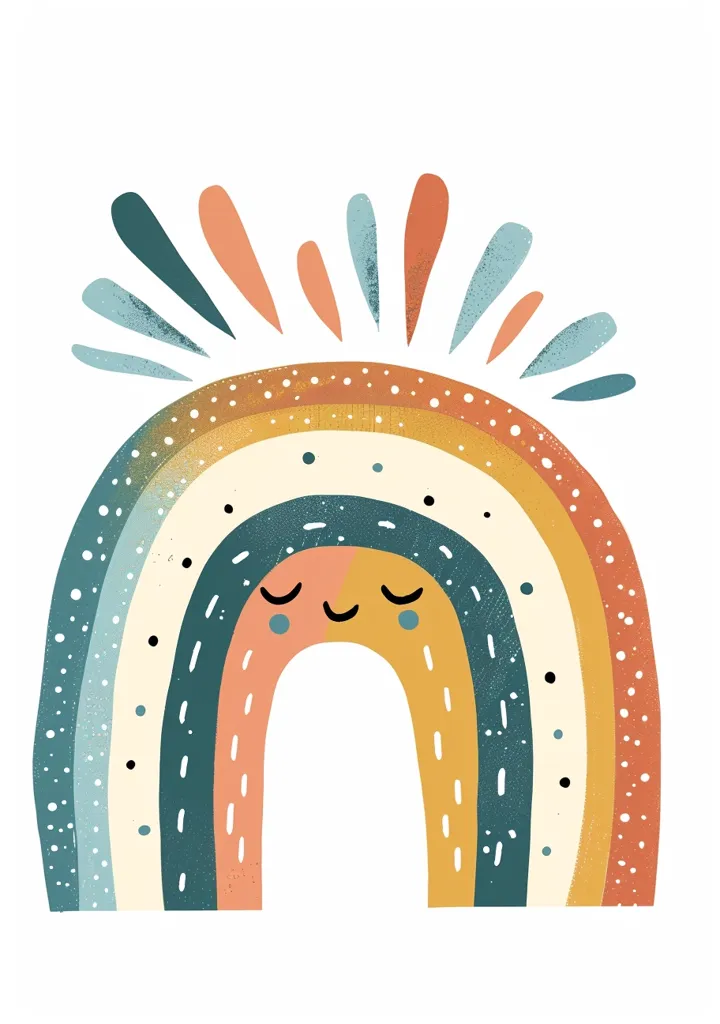 The image depicts a colorful rainbow with a smiling face. The rainbow is made up of multiple colors, including teal, peach, mustard yellow, and cream. The background is white. The rainbow's cheerful expression adds a touch of whimsy to the image.