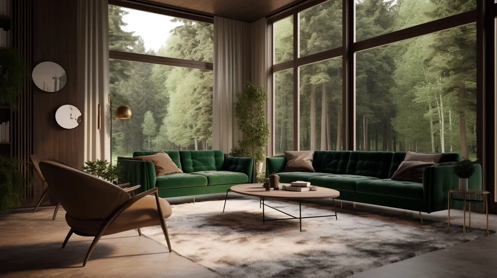 A modern living room with large windows overlooking a lush forest. The room is decorated with two green velvet sofas, a brown leather armchair, a coffee table, and a white rug. The walls are dark brown and feature two round mirrors. Natural light floods the room from the windows.