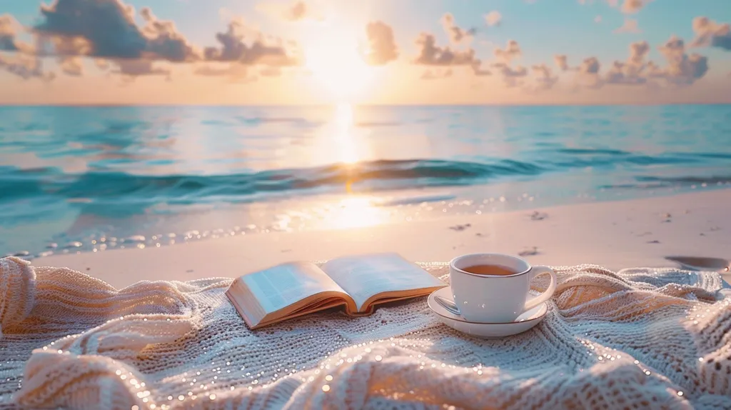 The image shows a tranquil beach scene at sunset. A white blanket lies on the sand, with an open book and a cup of tea resting on it. The setting sun casts a warm glow over the scene, and the gentle waves of the ocean lap at the shore. The image evokes a sense of peace and relaxation.