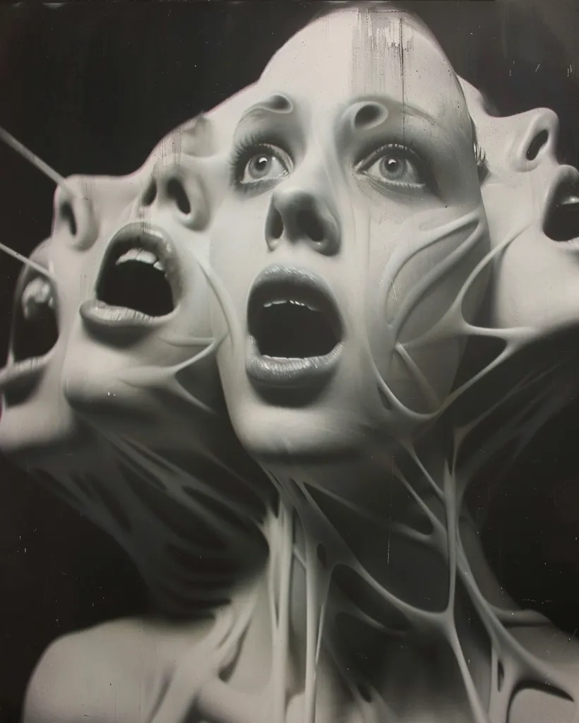 A black and white image depicting a surreal and unsettling scene.  Three faces, seemingly merging into one, are contorted in a silent scream.  Their mouths are wide open, revealing rows of teeth, while their eyes stare intensely.  The faces are surrounded by a viscous, dripping substance, creating a sense of entrapment and horror.  The dark background intensifies the disturbing nature of the image.  The overall impression is one of vulnerability and a sense of impending doom.