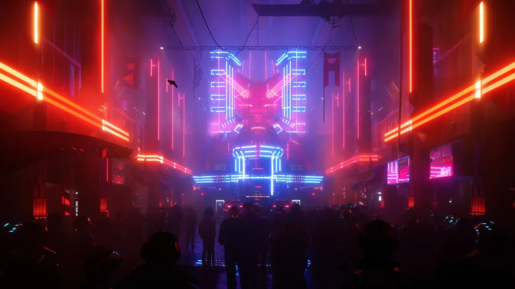 A neon-lit cyberpunk cityscape with a large glowing structure at the end of a street. The structure is outlined in blue neon and has a red, humanoid face with sharp angles. People in silhouette stand in the foreground, facing the structure. The scene is dominated by a haze of pink and red light.