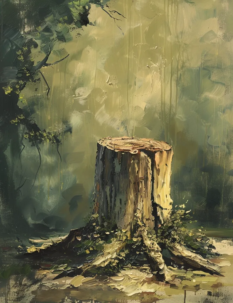A painting of a tree stump in a forest setting. The stump is weathered and brown, with roots extending out into the ground. The background is a soft green and yellow, suggesting a hazy forest atmosphere.  The painting is done in a loose, impressionistic style, with visible brushstrokes.  The stump appears isolated and alone, but also grounded and connected to the earth.