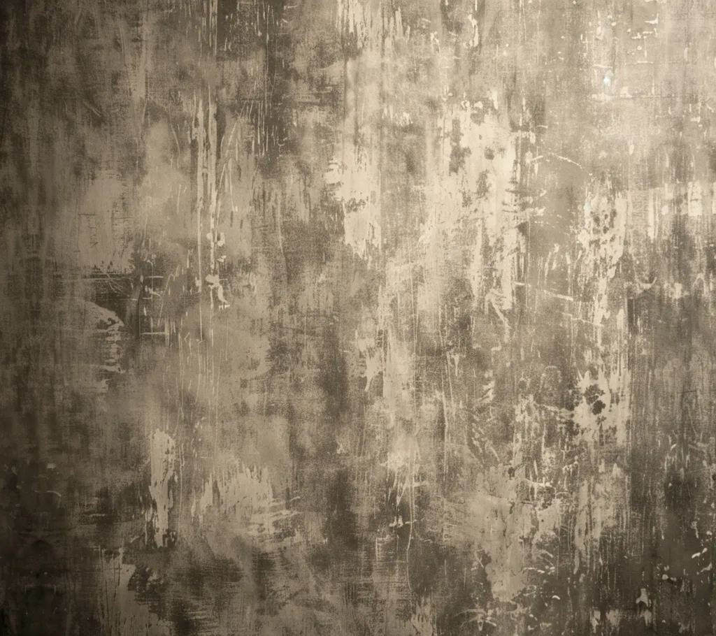 The image shows a textured wall with a rough, uneven surface. The wall is painted in shades of gray and brown, with patches of lighter and darker areas. The surface appears to be made of concrete or plaster, with visible brushstrokes and imperfections. It evokes a sense of age and history, suggesting a weathered and worn surface.  The overall effect is rustic and industrial, providing a backdrop for a variety of creative uses.