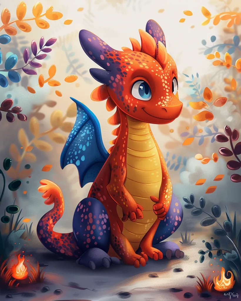 The image is a cartoon illustration of a small, friendly-looking orange dragon with blue wings. It is sitting in a forest with orange and purple leaves falling around it. The dragon has a big, bright blue eye and a warm smile on its face. The background is a blurred forest scene with a light brown ground.  There are two small flames in the foreground.  The overall tone of the image is happy and whimsical.