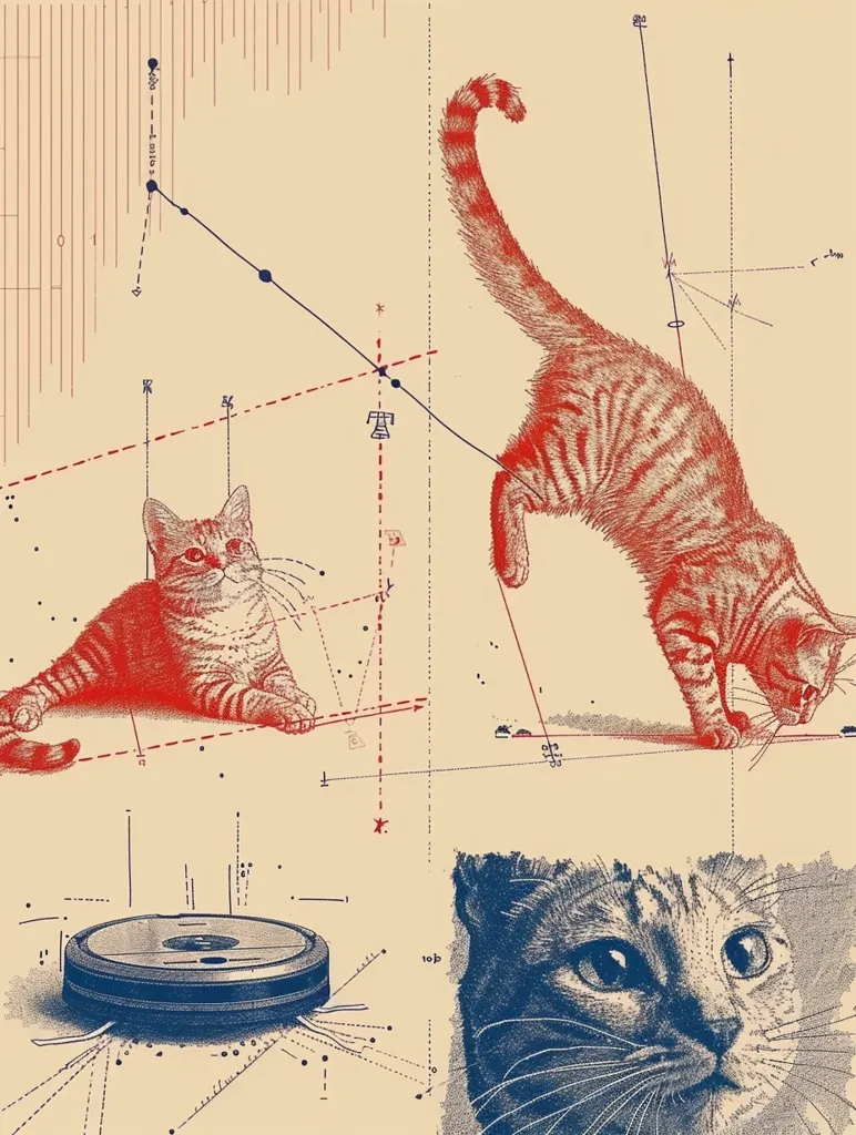 The image is a collage featuring three cats and abstract geometric patterns. A red cat is depicted in an athletic pose, a blue cat shows only its face, and a red cat lays down on the ground. A round, blue object resembling a robot vacuum cleaner is positioned at the bottom of the image. The background is beige with red and blue lines and dots.
