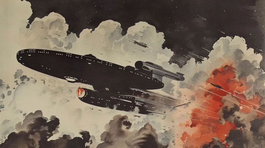 A black and white spaceship with a red engine is flying through a field of fluffy white and grey clouds. A plume of red and orange smoke explodes in the distance, suggesting a battle or explosion. The image is painted in a dramatic, cinematic style. The sky is dotted with stars, adding to the sense of vastness and space.