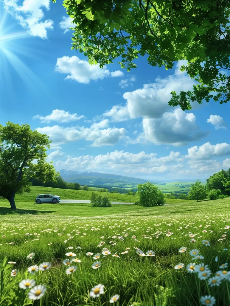 A picturesque scene unfolds with a lush green meadow dotted with white daisies. The sun shines brightly in a clear blue sky, with fluffy white clouds drifting across the expanse. A lone car drives on a winding road through the meadow, adding a touch of movement to the idyllic landscape. Green trees line the horizon, suggesting a peaceful countryside setting. The image captures the beauty of nature on a sunny summer day.