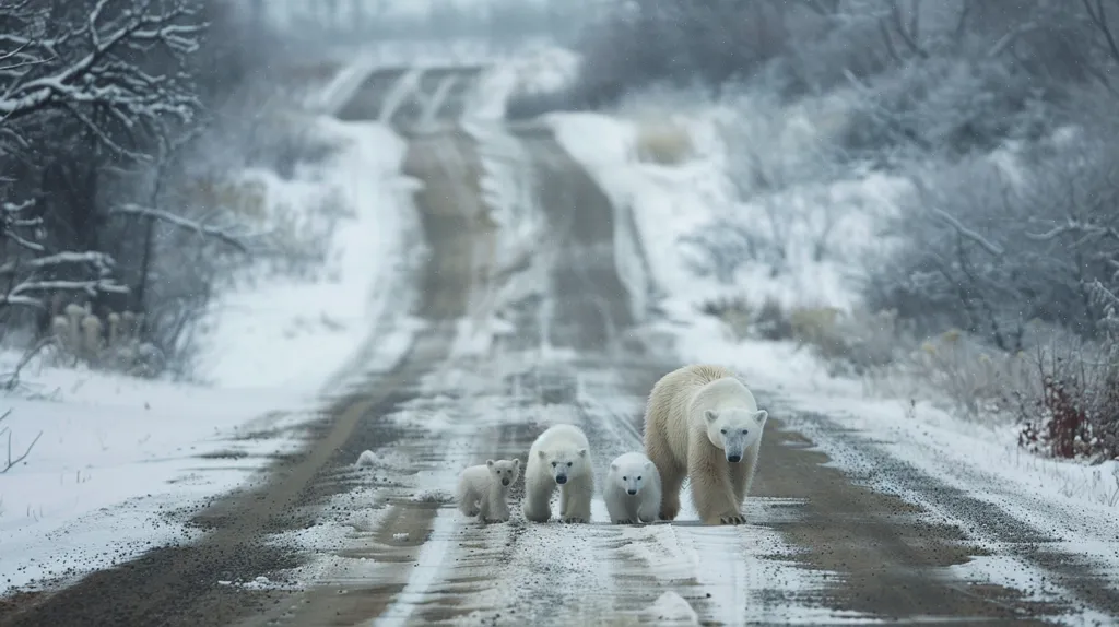 A family of four polar bears walks down a snowy, dirt road. The mother bear leads the way, followed by two cubs and then a smaller cub lagging behind. The road is lined with snow-covered trees and bushes. The image is captured in a soft, diffused light, giving it a dreamy, ethereal feel.