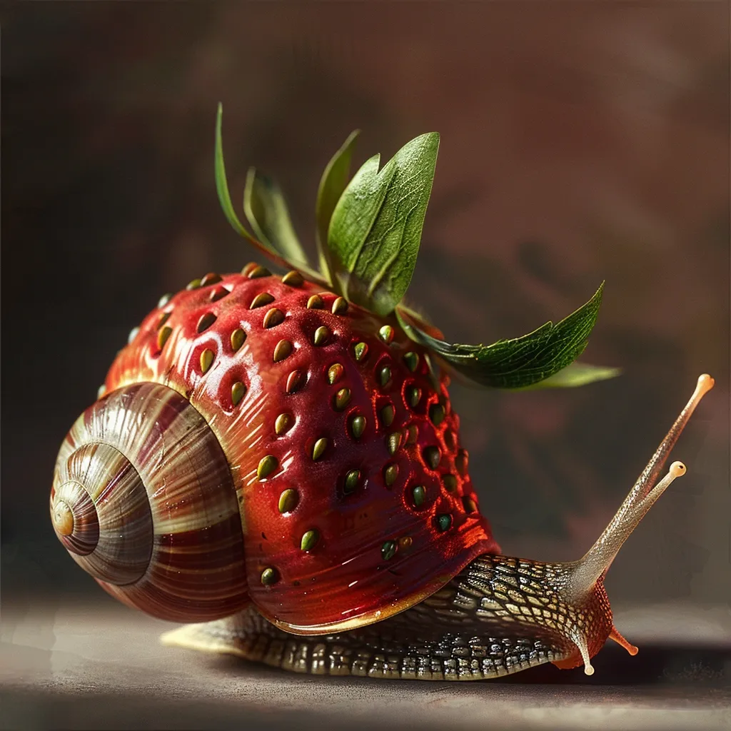 A snail with a strawberry shell. The strawberry is ripe and red, with green leaves and seeds. The snail's body is brown and has a striped shell. The snail is crawling on a surface. The image is a surreal representation of a snail, where its shell has been replaced by a strawberry.