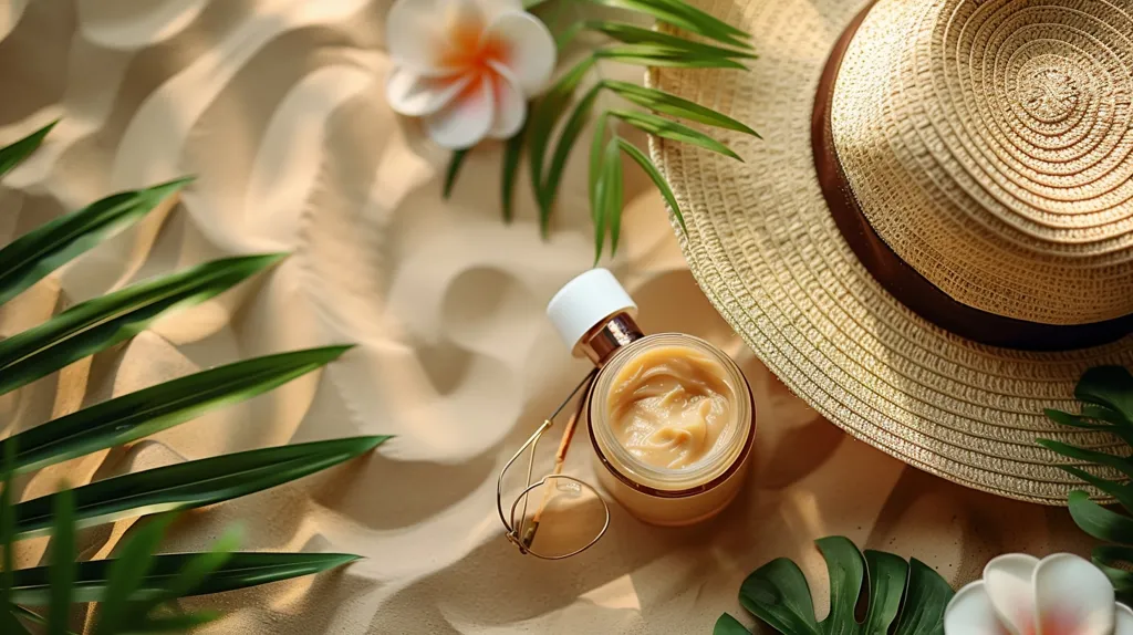 A straw hat with a brown band lies on a sandy surface. A jar of body butter, a white flower, and green leaves surround the hat. Sunlight casts shadows across the scene, creating a relaxed and summery atmosphere.