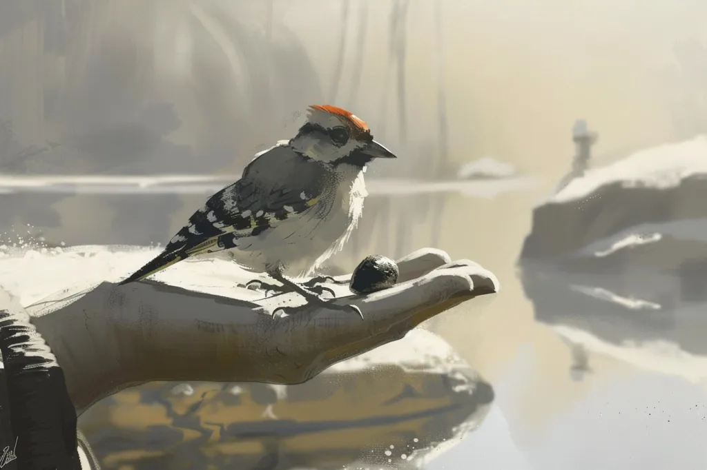 A small, black and white bird with a red head sits on an outstretched hand, holding a dark berry. The hand is partially visible, with a sleeve of dark fabric extending from it. The background is a hazy and snowy landscape, with a body of water in the foreground, creating a tranquil scene. The light is soft and diffused, giving the image a serene and peaceful feel.